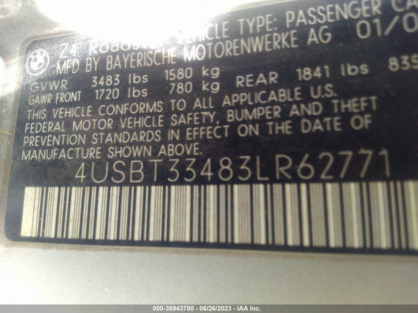 2003 BMW Z4 2.5I VIN: 4USBT33483LR62771 Lot: 36943780