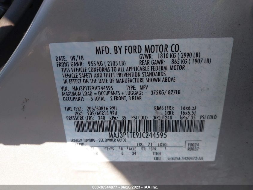 2018 Ford Ecosport Se VIN: MAJ3P1TE9JC244595 Lot: 36944877