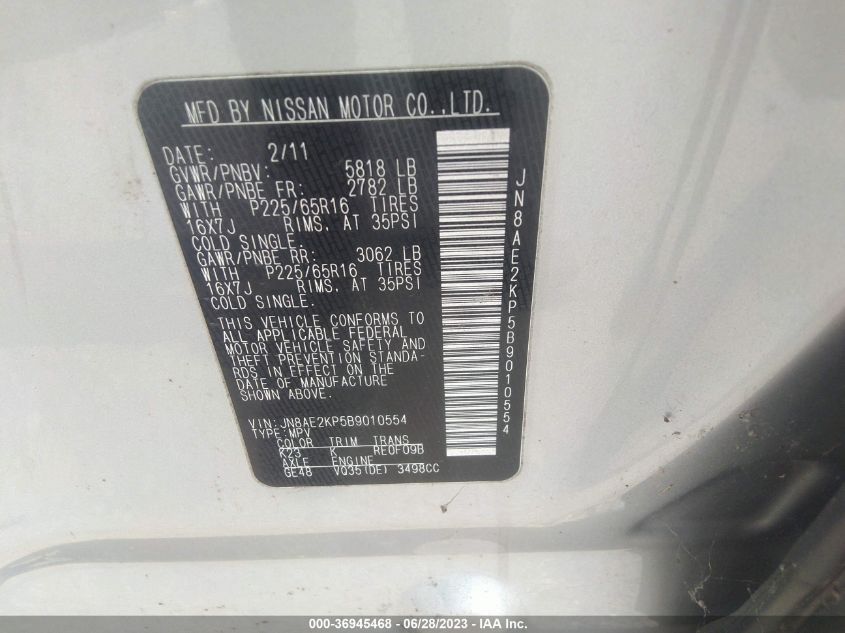 2011 Nissan Quest Sv VIN: JN8AE2KP5B9010554 Lot: 36945468