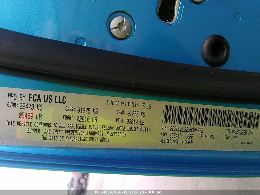 2018 Dodge Challenger Srt Hellcat VIN: 2C3CDZC92JH304772 Lot: 36947554