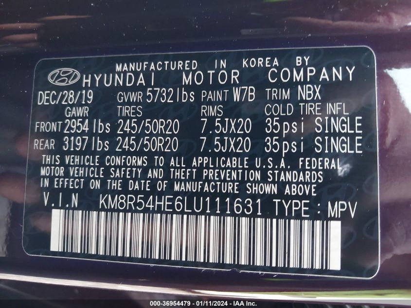 2020 Hyundai Palisade Limited VIN: KM8R54HE6LU111631 Lot: 36954479