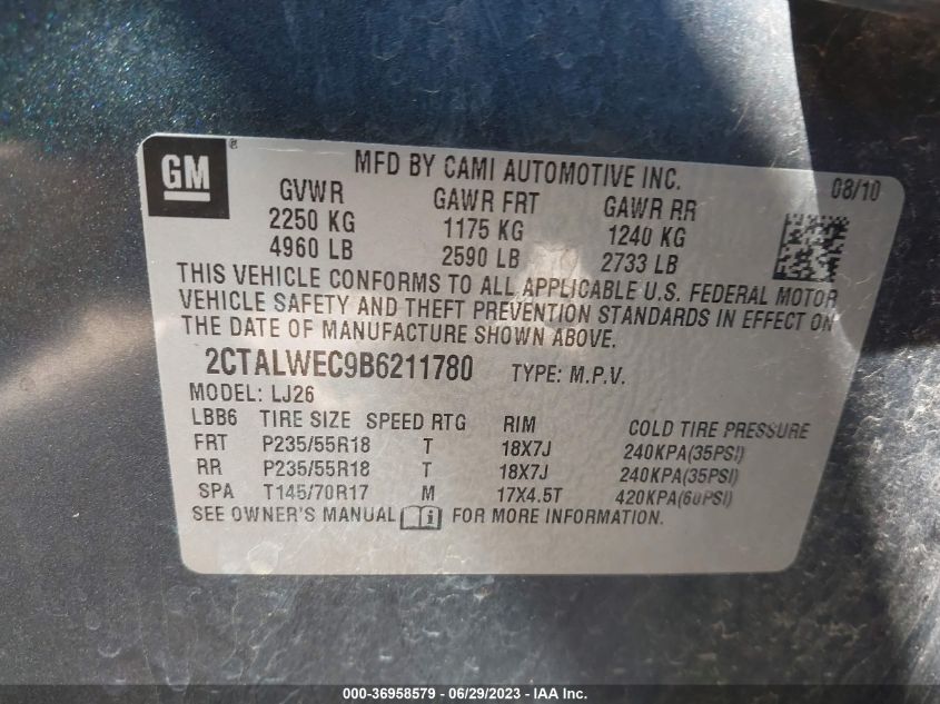 2011 GMC Terrain Slt-2 VIN: 2CTALWEC9B6211780 Lot: 36958579