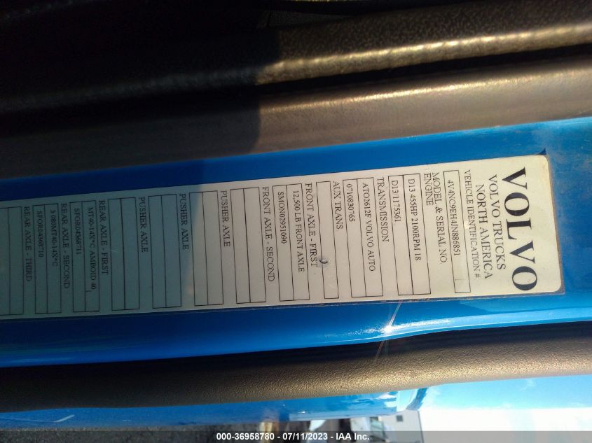 2018 Volvo Vn Vnl VIN: 4V4NC9EH4JN886851 Lot: 36958780