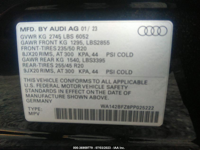 WA142BFZ8PP025222 2023 Audi Q4 E-Tron Sportback Prestige