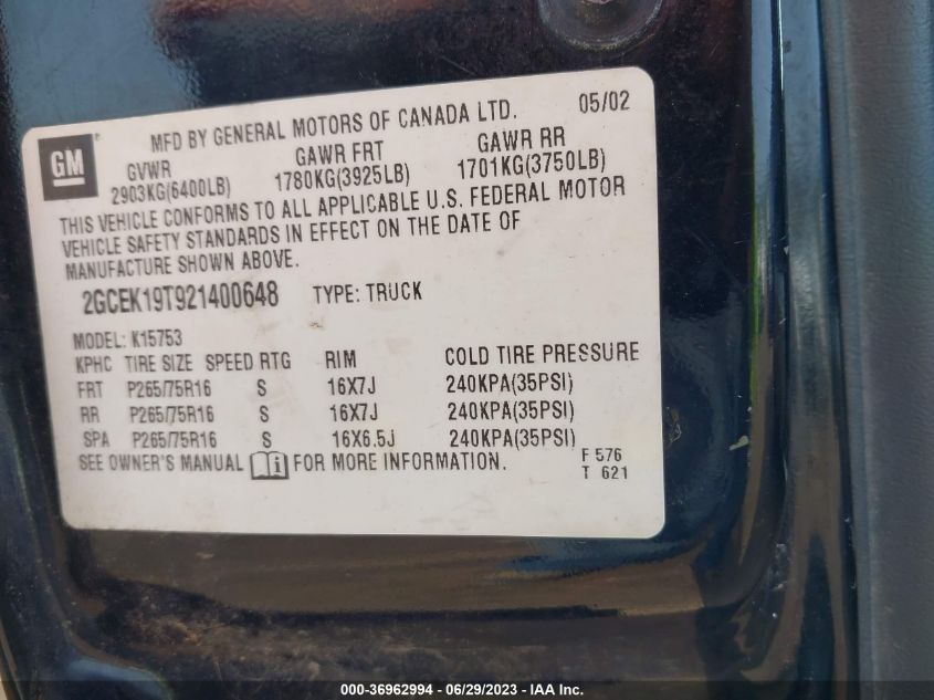 2002 Chevrolet Silverado 1500 Ls VIN: 2GCEK19T921400648 Lot: 36962994