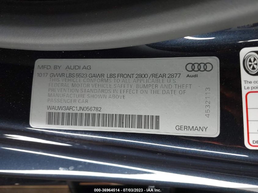 2018 Audi A7 3.0T Premium Plus VIN: WAUW3AFC1JN056782 Lot: 36964514