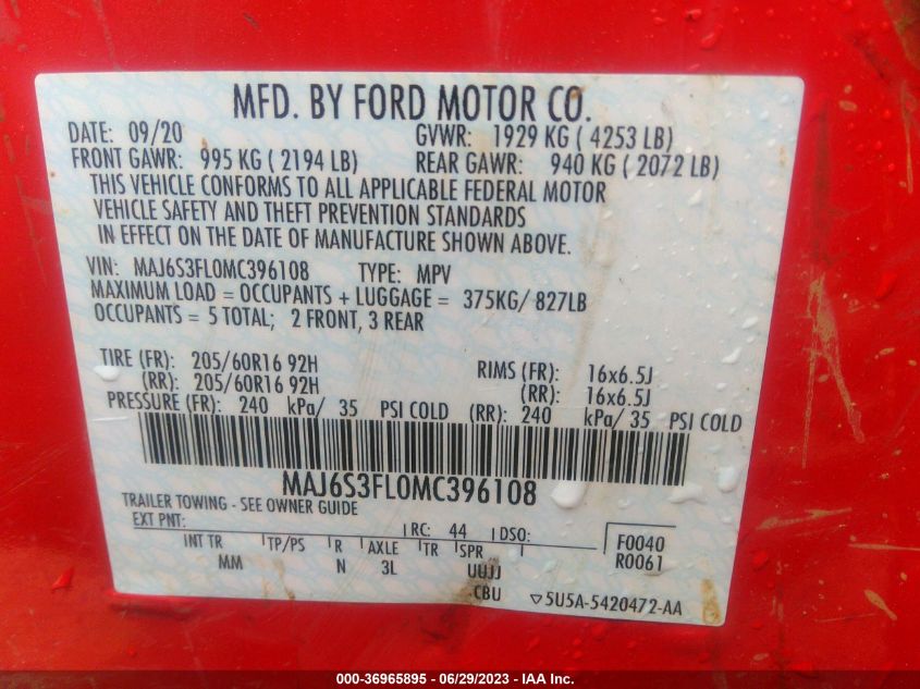 2021 Ford Ecosport S VIN: MAJ6S3FL0MC396108 Lot: 36965895