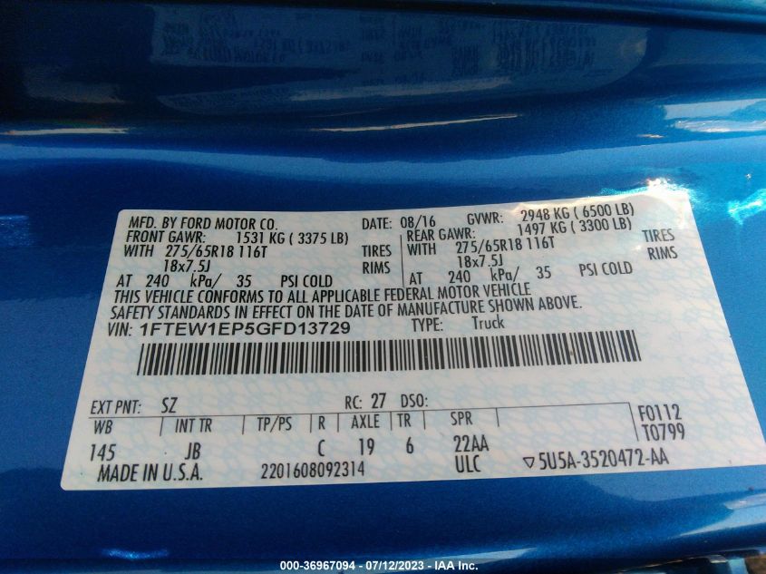 2016 Ford F-150 Xlt VIN: 1FTEW1EP5GFD13729 Lot: 36967094