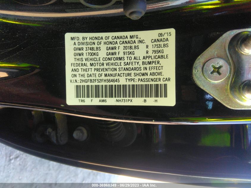 2HGFB2F52FH564645 2015 Honda Civic Lx