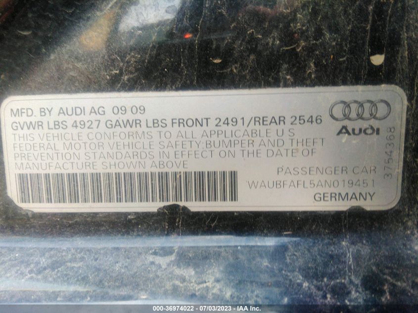 2010 Audi A4 2.0T Premium VIN: WAUBFAFL5AN019451 Lot: 36974022