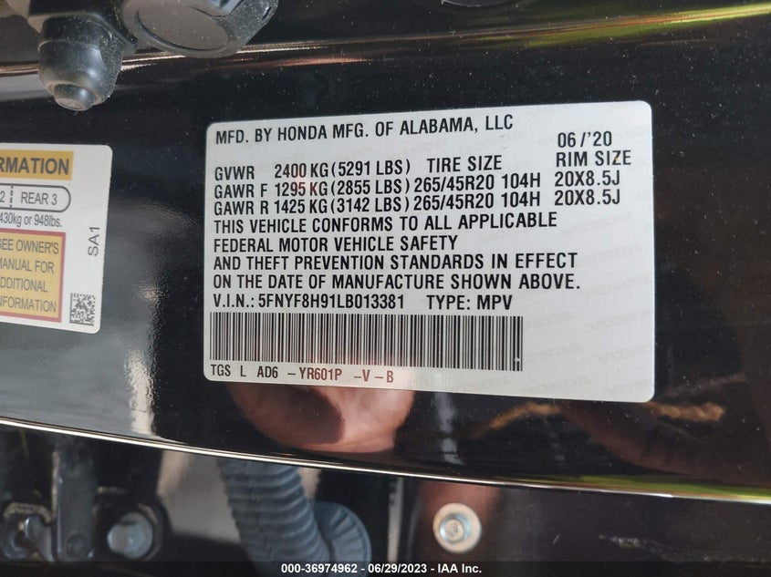 2020 HONDA PASSPORT AWD TOURING - 5FNYF8H91LB013381