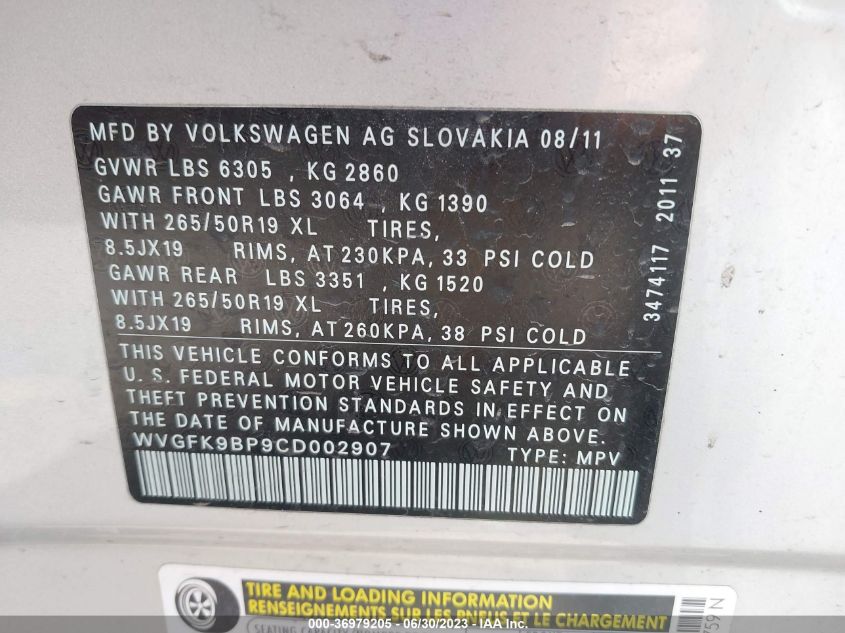 WVGFK9BP9CD002907 2012 Volkswagen Touareg Tdi Lux