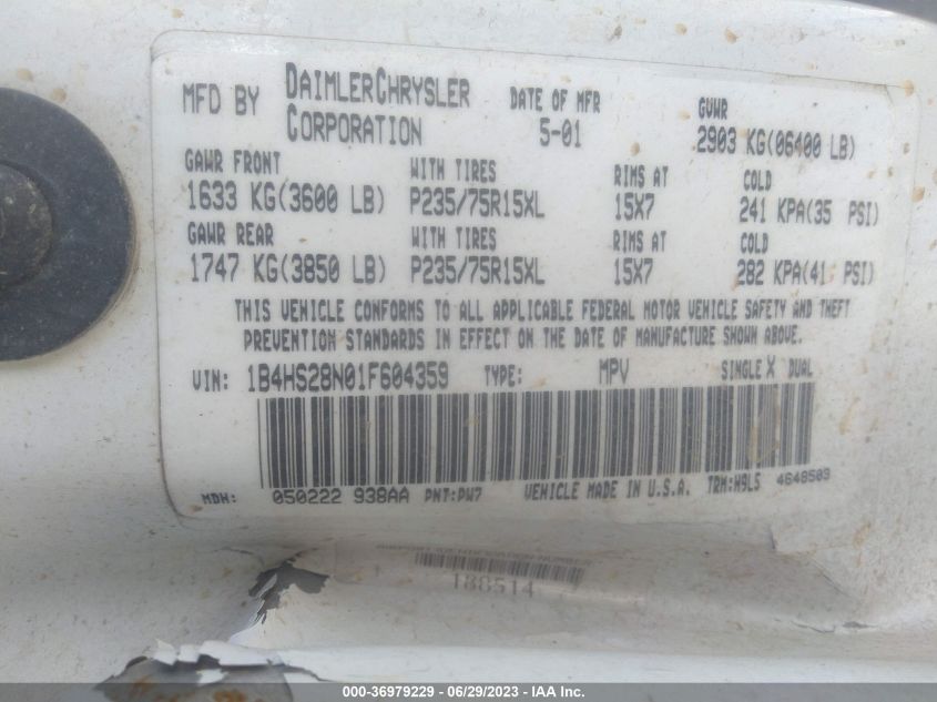 2001 Dodge Durango VIN: 1B4HS28N01F604359 Lot: 36979229