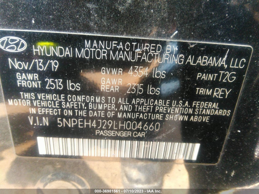 2020 HYUNDAI SONATA VIN: 5NPEH4J29LH004660