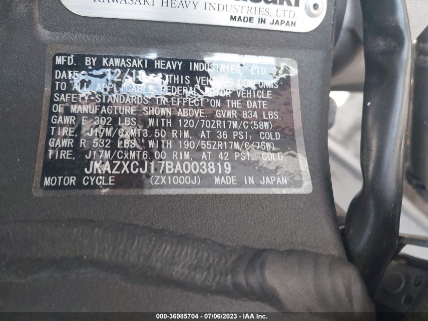 2011 Kawasaki Zx1000 J VIN: JKAZXCJ17BA003819 Lot: 36985704