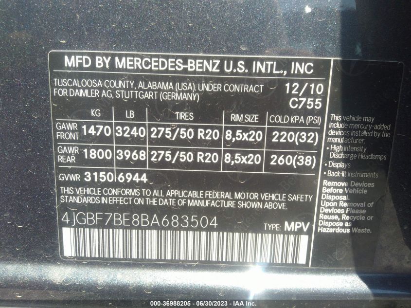 2011 Mercedes-Benz Gl-Class Gl 450 VIN: 4JGBF7BE8BA683504 Lot: 36988205