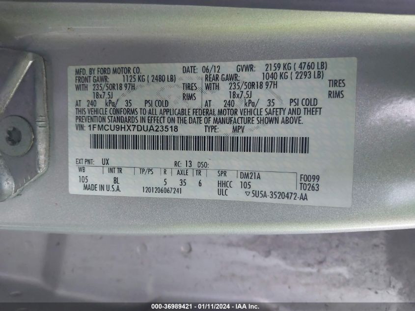 1FMCU9HX7DUA23518 2013 Ford Escape Sel