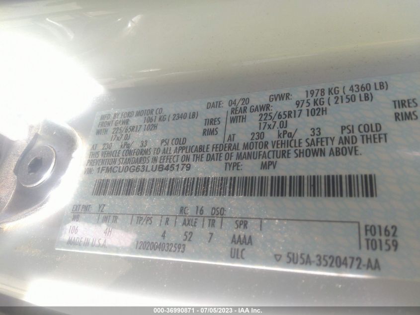 1FMCU0G63LUB45179 2020 Ford Escape Se