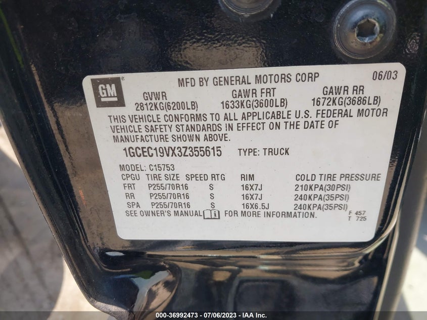 1GCEC19VX3Z355615 2003 Chevrolet Silverado 1500 Ls