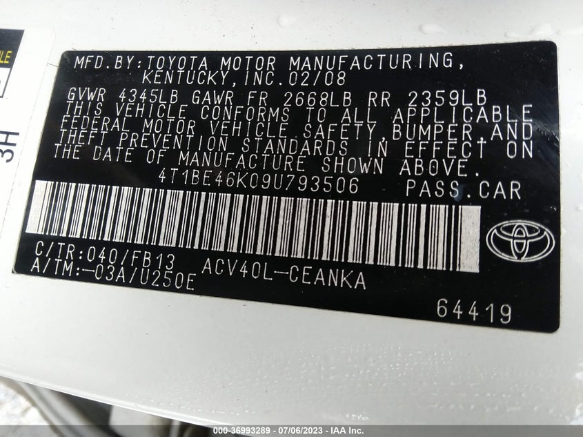 2009 Toyota Camry Le VIN: 4T1BE46K09U793506 Lot: 36993289