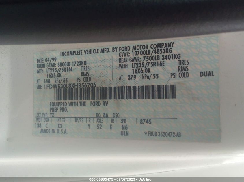 1999 Ford Econoline E350 Super Duty Ctwy V Rv VIN: 1FDWE30L8XHB56706 Lot: 36995475