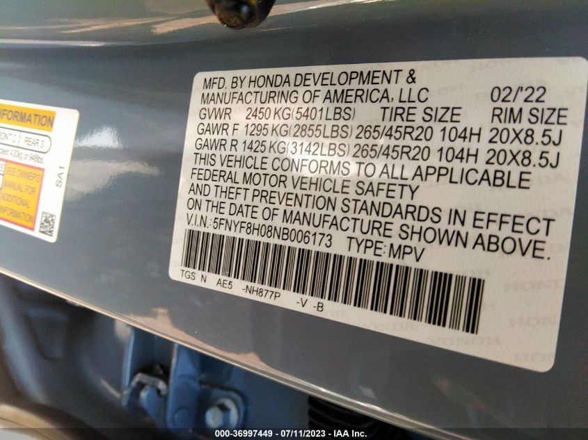 2022 Honda Passport Elite VIN: 5FNYF8H08NB006173 Lot: 36997449