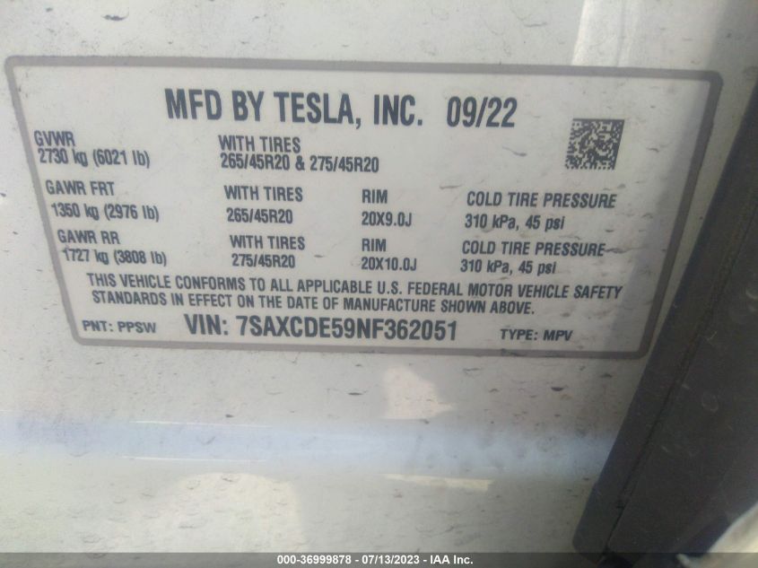 2022 Tesla Model X VIN: 7SAXCDE59NF362051 Lot: 36999878