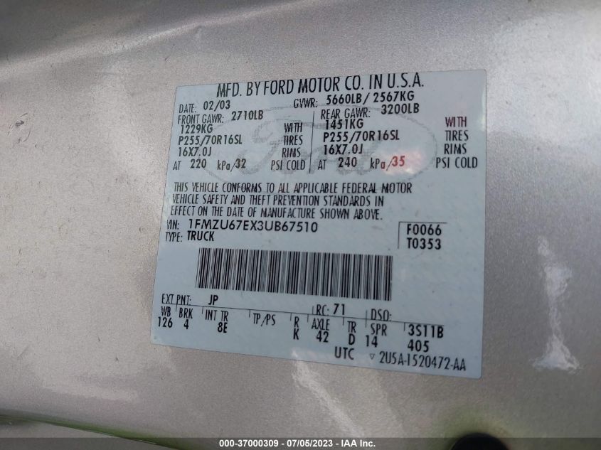 2003 Ford Explorer Sport Trac Xls/Xlt VIN: 1FMZU67EX3UB67510 Lot: 37000309