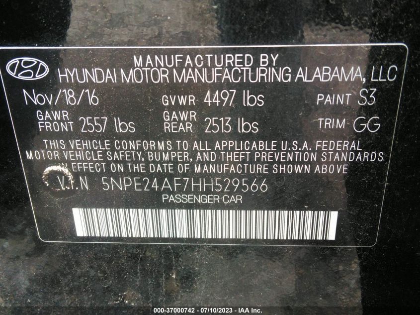 5NPE24AF7HH529566 2017 Hyundai Sonata