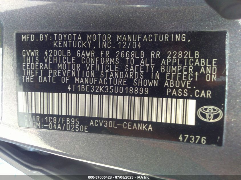 4T1BE32K35U018899 2005 Toyota Camry Xle/Se/Std/Le