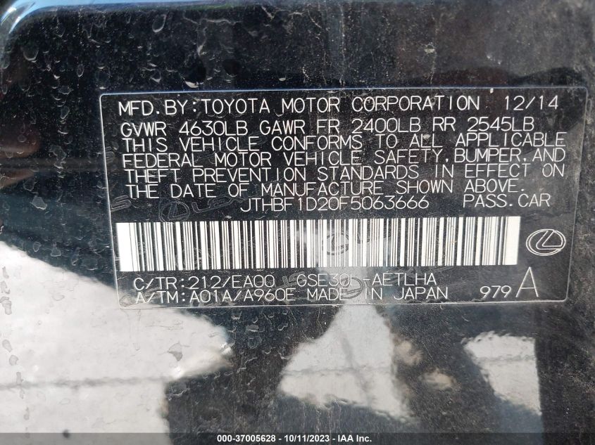 2015 Lexus Is 250 VIN: JTHBF1D20F5063666 Lot: 37005628