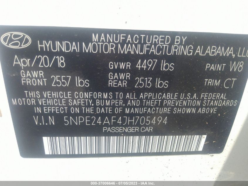 2018 Hyundai Sonata Se VIN: 5NPE24AF4JH705494 Lot: 37006646