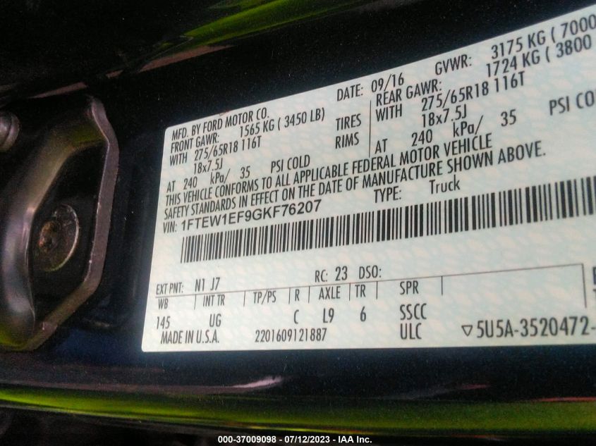 2016 Ford F-150 Xlt VIN: 1FTEW1EF9GKF76207 Lot: 37009098