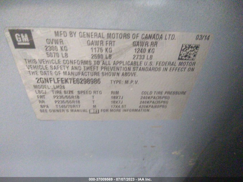 2GNFLFEK7E6298986 2014 Chevrolet Equinox 1Lt