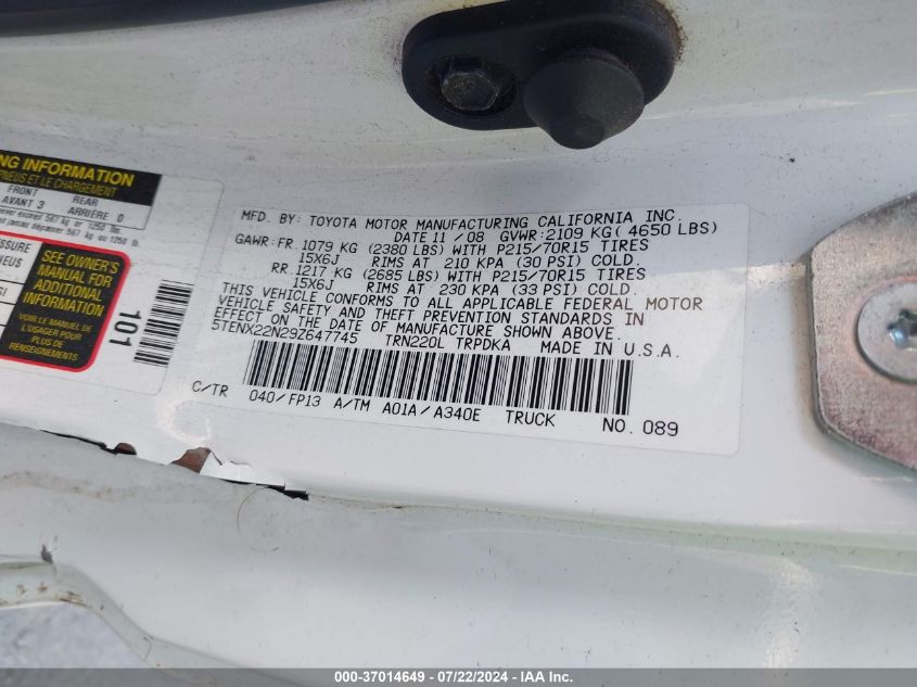 2009 Toyota Tacoma VIN: 5TENX22N29Z647745 Lot: 37014649