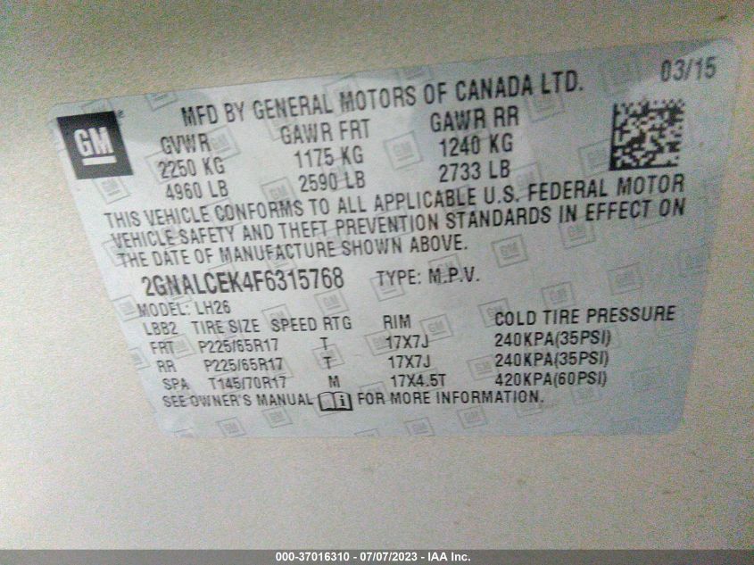 2GNALCEK4F6315768 2015 Chevrolet Equinox 2Lt