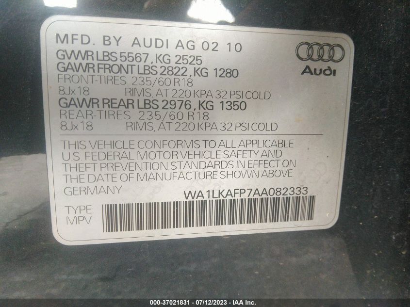 WA1LKAFP7AA082333 2010 Audi Q5 3.2 Premium