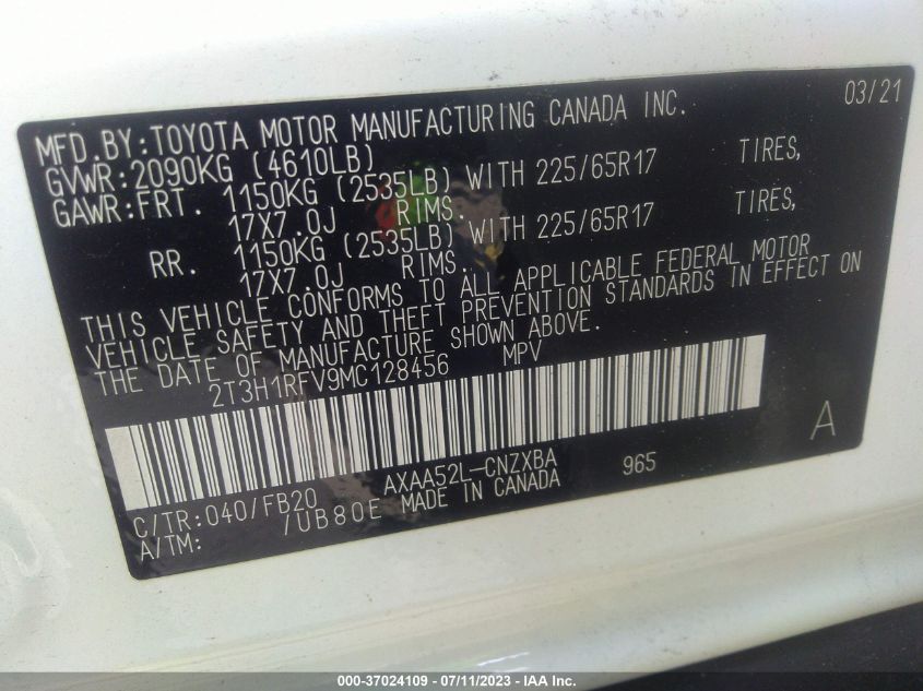 2T3H1RFV9MC128456 2021 Toyota Rav4 Le