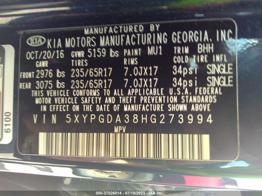2017 Kia Sorento 2.4L Lx VIN: 5XYPGDA38HG273994 Lot: 37026014