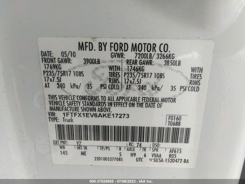 1FTFX1EV6AKE17273 2010 Ford F-150 Lariat/Fx4/Xl/Xlt