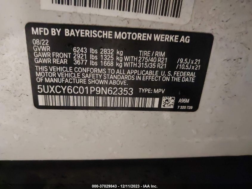 VIN 5UXCY6C01P9N62353 2023 BMW X6, Xdrive40I no.9