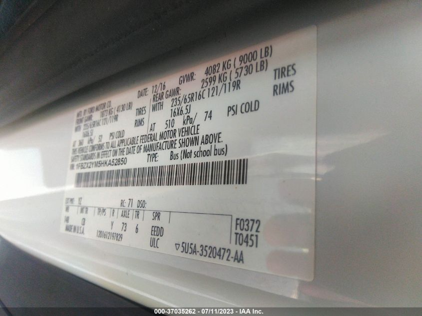 2017 Ford Transit-350 Xlt VIN: 1FBZX2YM5HKA52850 Lot: 37035262