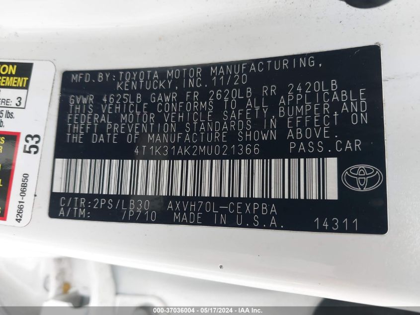 2021 Toyota Camry Xse Hybrid VIN: 4T1K31AK2MU021366 Lot: 37036004