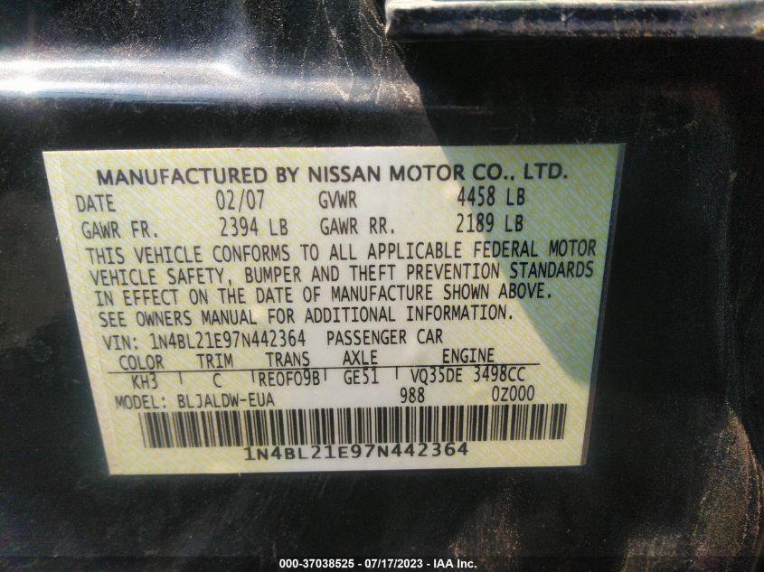 1N4BL21E97N442364 2007 Nissan Altima 3.5 Se