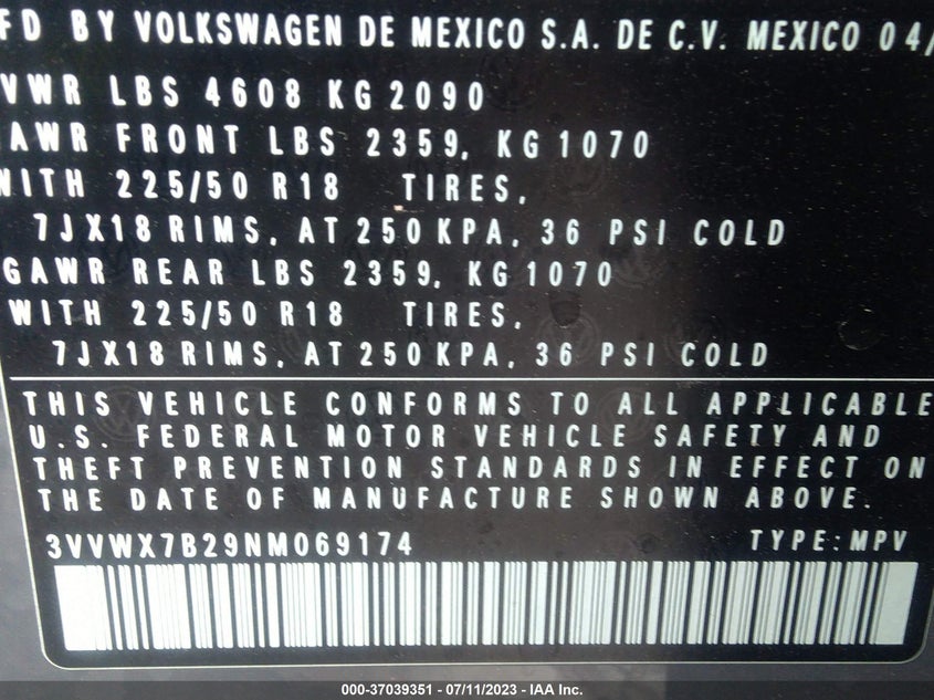 2022 VOLKSWAGEN TAOS 1.5T SE VIN: 3VVWX7B29NM069174