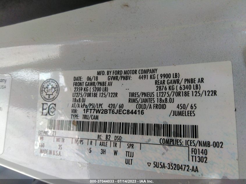 2018 Ford F-250 Xlt VIN: 1FT7W2BT6JEC84416 Lot: 37044033