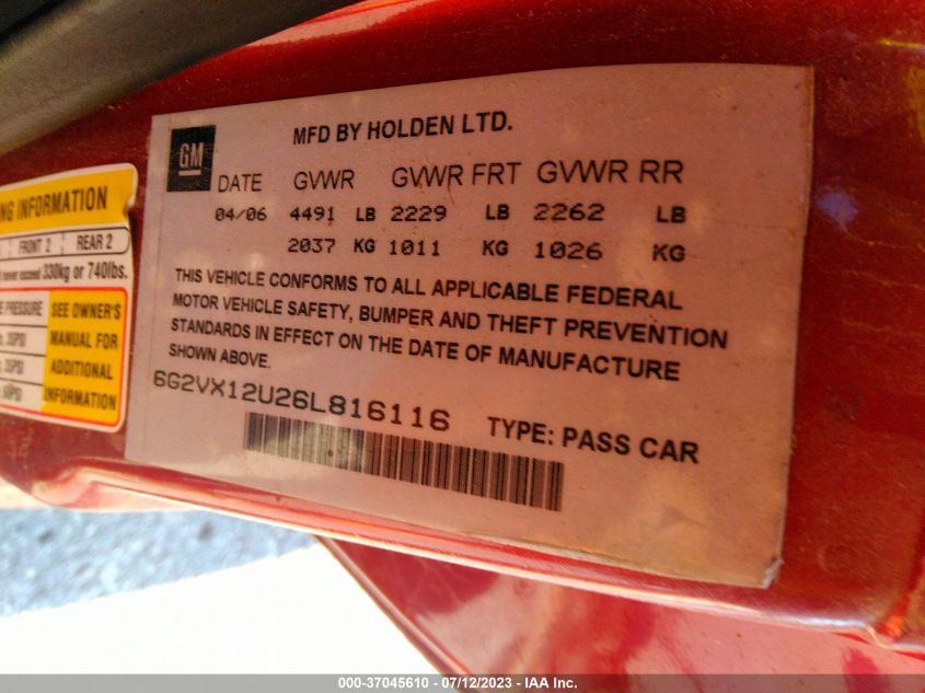 2006 Pontiac Gto VIN: 6G2VX12U26L816116 Lot: 37045610