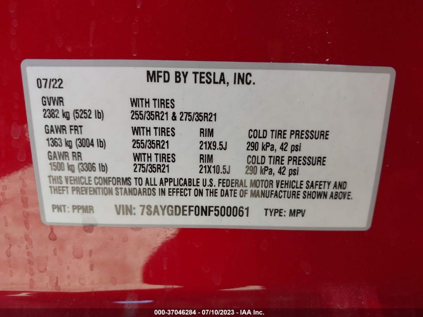 2022 Tesla Model Y Performance VIN: 7SAYGDEF0NF500061 Lot: 37046284