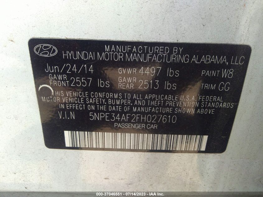 2015 Hyundai Sonata 2.4L Sport VIN: 5NPE34AF2FH027610 Lot: 37046551