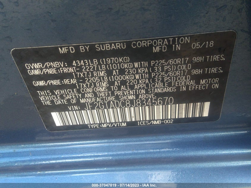 2018 SUBARU CROSSTREK VIN: JF2GTADC8J8345670